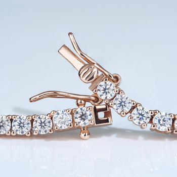 Close-up of VVS Moissanite Tennis Bracelet in 18K Rose Gold Plating