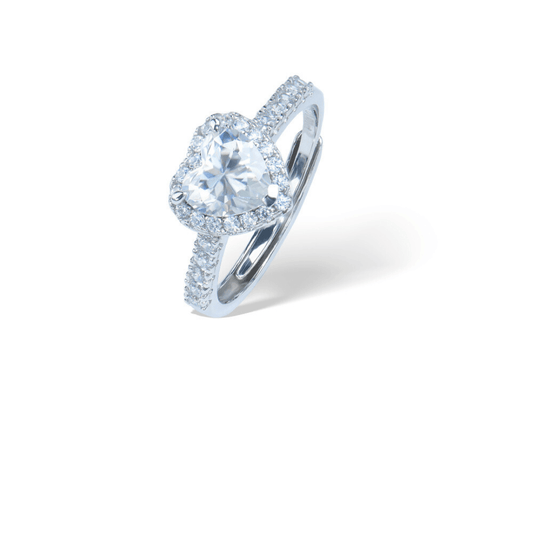 White Heart Adjustable Ring from the Sparkle Collection, featuring a heart-shaped white Moissanite set in sterling silver with sparkling accents, displayed on a white background.