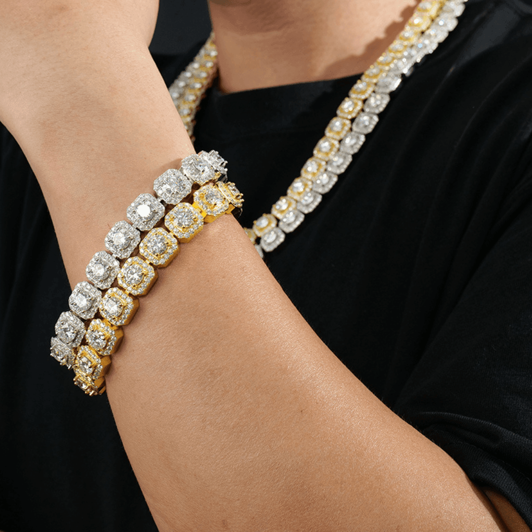 Person wearing gold and silver VVS Moissanite Cluster Tennis Necklaces, highlighting the hip hop jewelry style.