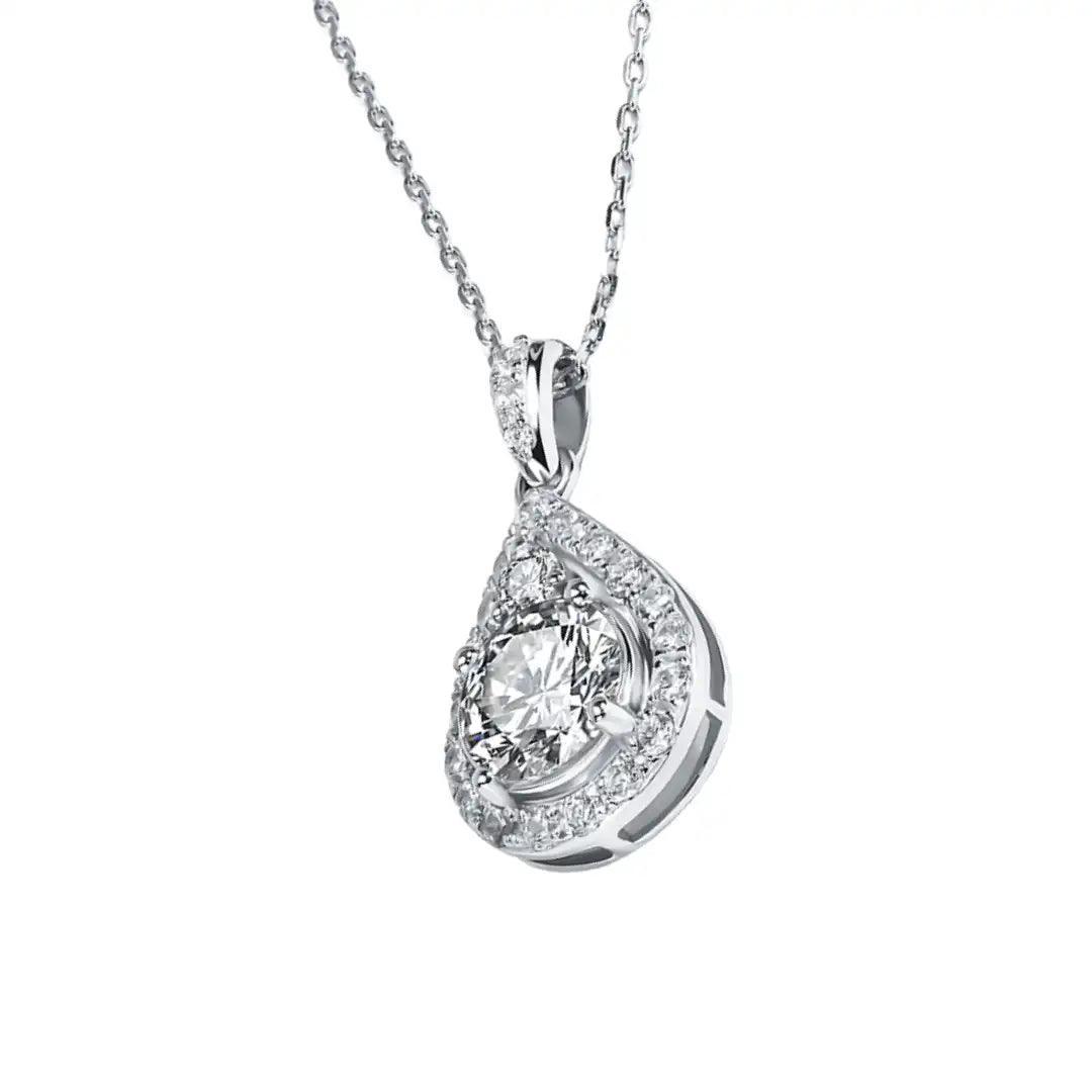 Close-up of the Teardrop Moissanite Necklace showcasing the sparkling moissanite pendant in a teardrop setting, crafted in Sterling Silver 925 with platinum plating.