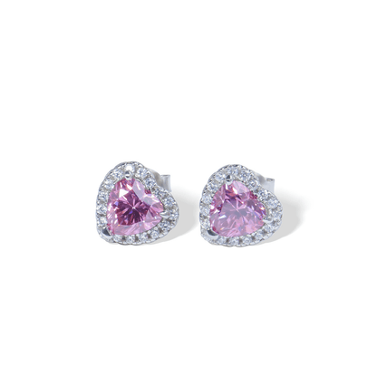 Close-up of Pink Heart Earrings featuring heart-shaped pink Moissanite gemstones set in sterling silver.