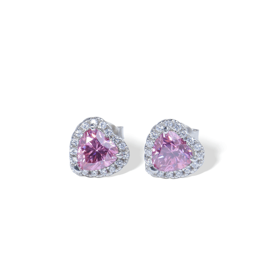 Close-up of Pink Heart Earrings featuring heart-shaped pink Moissanite gemstones set in sterling silver.