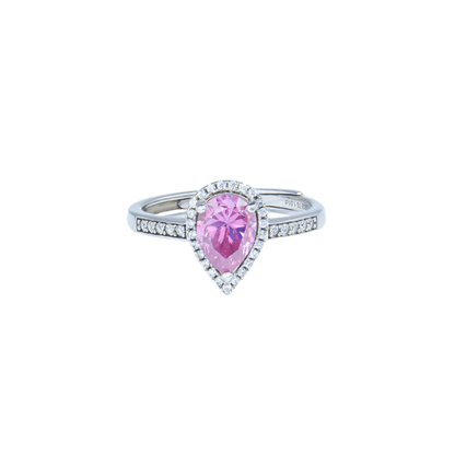 from look , close up look , Pink Pearl Adjustable Ring from the Sparkle Collection, featuring a pear-shaped pink Moissanite set in sterling silver with sparkling accents, displayed on a white background.