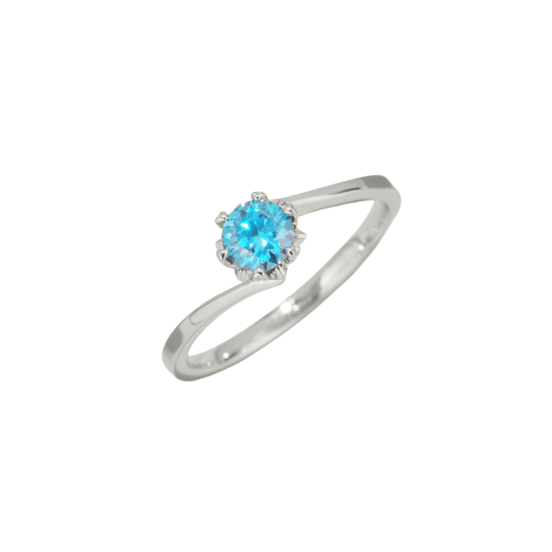 Blue Flower Moissanite Ring, featuring a round blue Moissanite set in a delicate floral design, displayed on a white background.