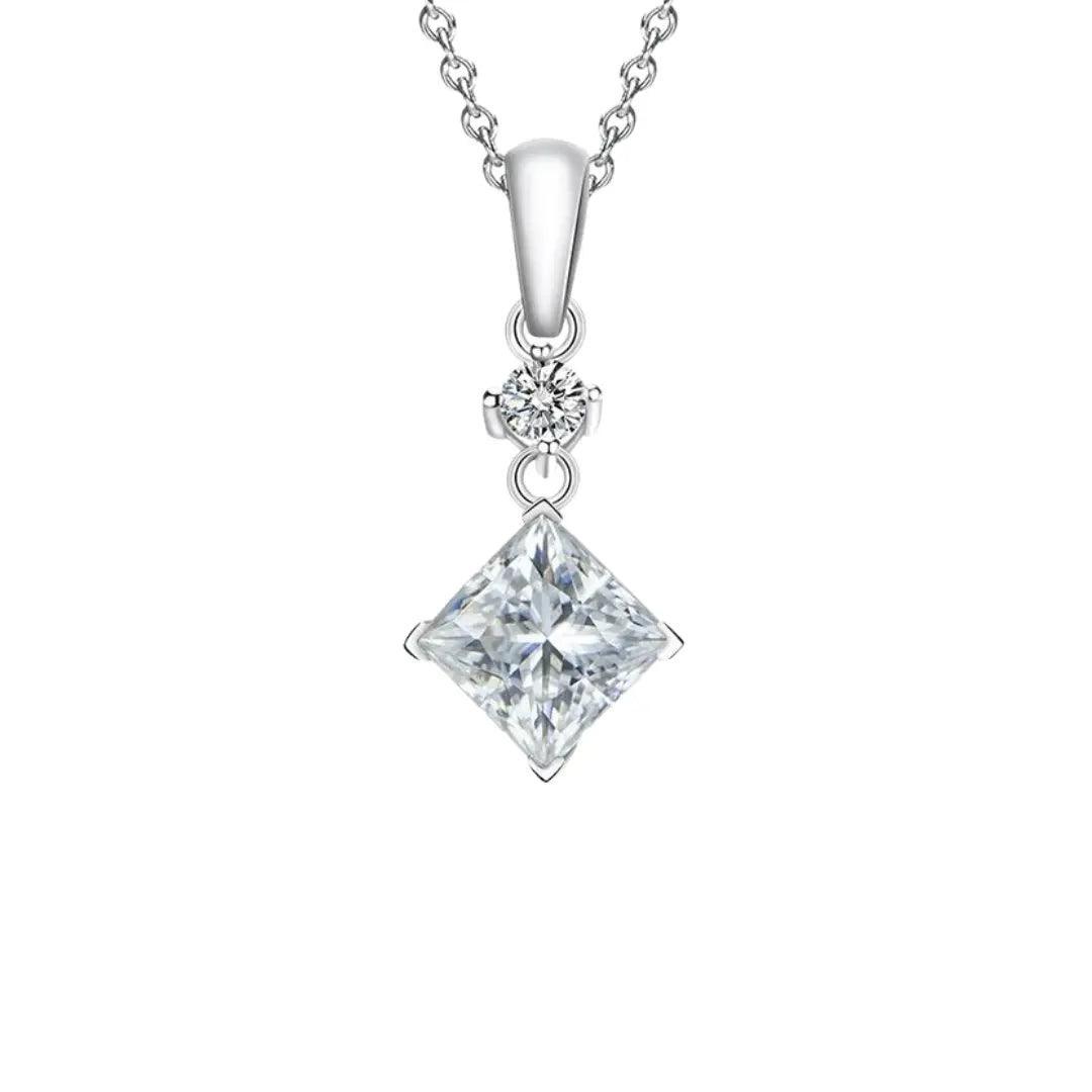 Close-up of Princess Moissanite Pendant Necklace featuring a sparkling princess-cut gemstone in sterling silver setting.