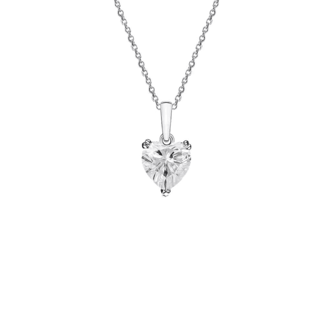 Close-up of Heart Moissanite Pendant Necklace with a sparkling heart-shaped gemstone in sterling silver setting.