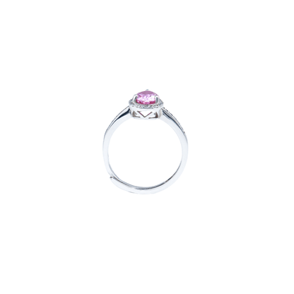 side look , Pink Pearl Adjustable Ring from the Sparkle Collection, featuring a pear-shaped pink Moissanite set in sterling silver with sparkling accents, displayed on a white background.