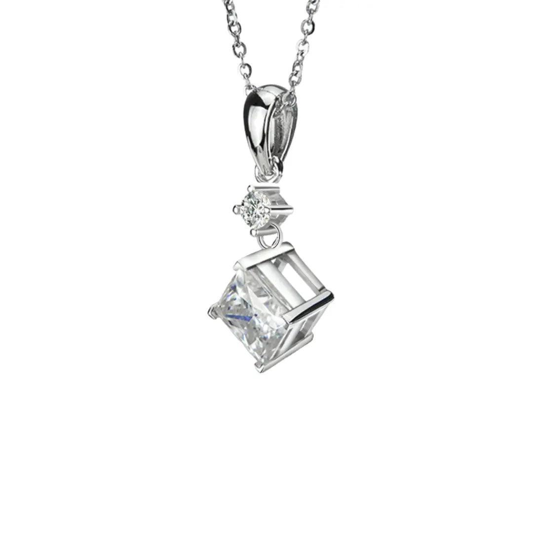 another angle of Elegant Princess Moissanite Pendant Necklace worn by a model, demonstrating its sophistication and beauty.