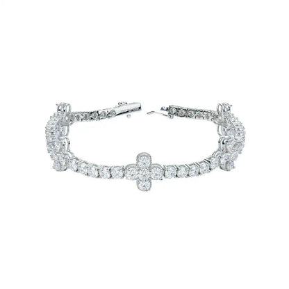 Top view of the Mozi Four-Leaf Clover Tennis Bracelet, highlighting the elegant combination of traditional tennis links and four-leaf clover-inspired '+' links in Sterling Silver 925.