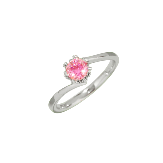 Pink Flower Moissanite Ring from the Flower Collection, featuring a round pink Moissanite set in a delicate floral design, displayed on a white background.