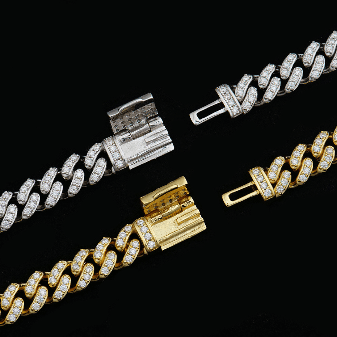 Close-up of the slim 6mm Cuban link necklace with Moissanite stones, perfect for hip hop and street style.