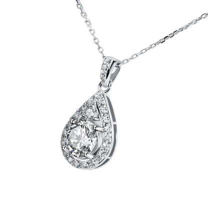 Front view of the Teardrop Moissanite Necklace with the pendant hanging elegantly on a chain, displaying the full teardrop design.