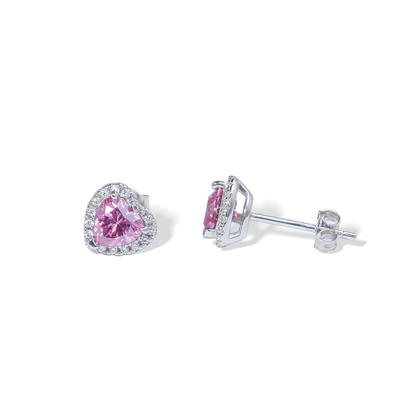 Side view of Pink Heart Earrings showcasing their sterling silver setting.