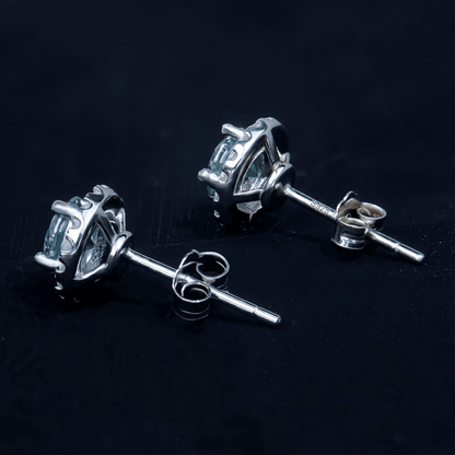 Round Brilliant Sea Blue Earrings in a luxury jewelry box, emphasizing their sophisticated design.