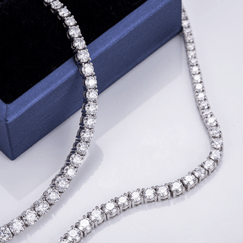 Close-up of VVS Moissanite Tennis Necklace showing Rhodium Plating