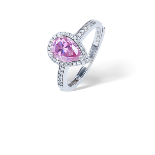 Pink Pearl Adjustable Ring from the Sparkle Collection, featuring a pear-shaped pink Moissanite set in sterling silver with sparkling accents, displayed on a white background.