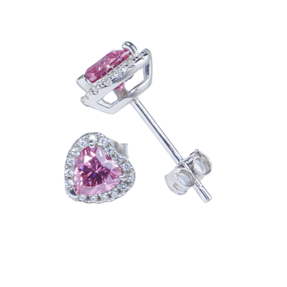 Heart Earrings highlighting the brilliant sparkle of the pink Moissanite.