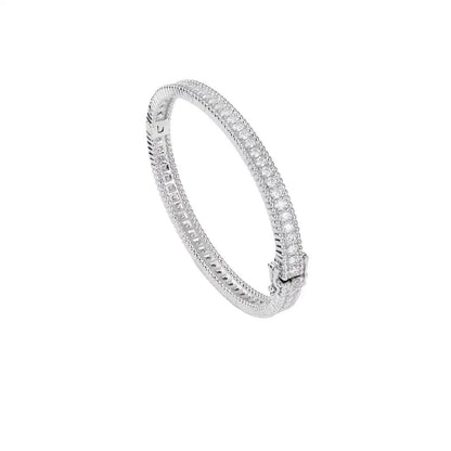 Mozi Celestial Moissanite Bangle in silver with intricate moissanite stone detailing, showcased on a white background