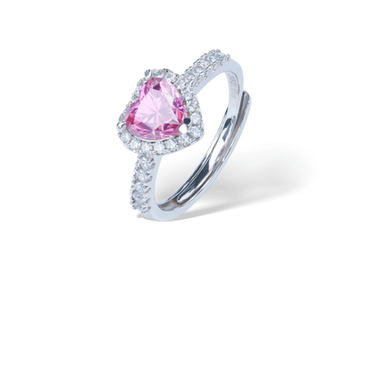 Pink Heart Adjustable Ring from the Sparkle Collection, featuring a heart-shaped pink Moissanite set in sterling silver with sparkling accents, displayed on a white background.