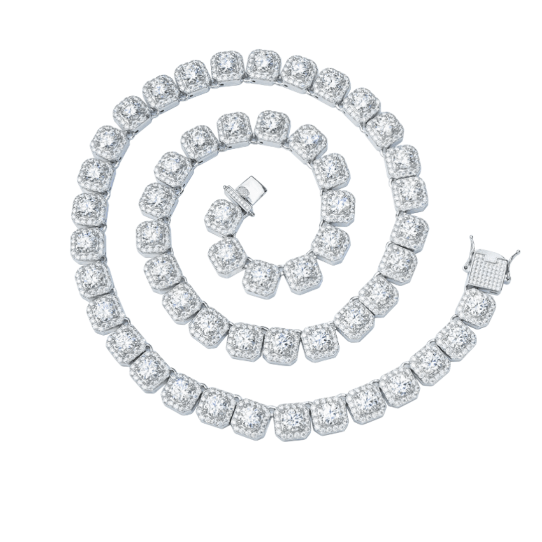 VVS Moissanite Silver Cluster Tennis Necklace in a coiled arrangement, showcasing the sparkling stones and elegant silver setting