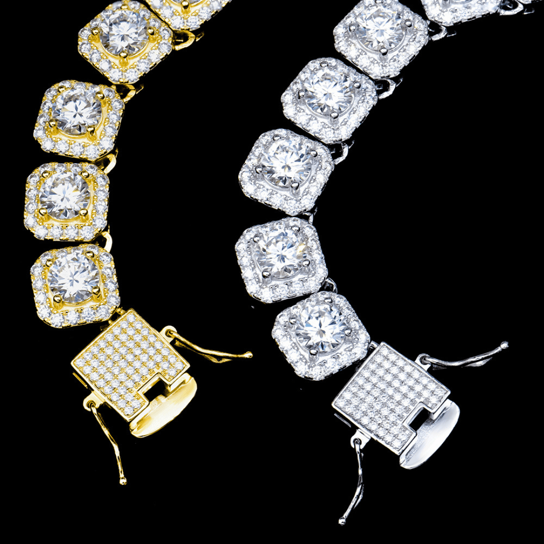 Detailed view of the clasps of gold and silver VVS Moissanite Cluster Tennis Necklaces.