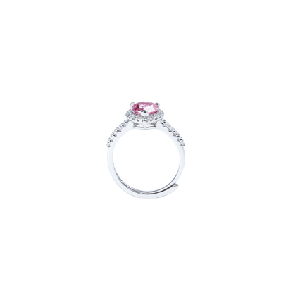 Side look ,  Pink Heart Adjustable Ring from the Sparkle Collection, featuring a heart-shaped pink Moissanite set in sterling silver with sparkling accents, displayed on a white background.