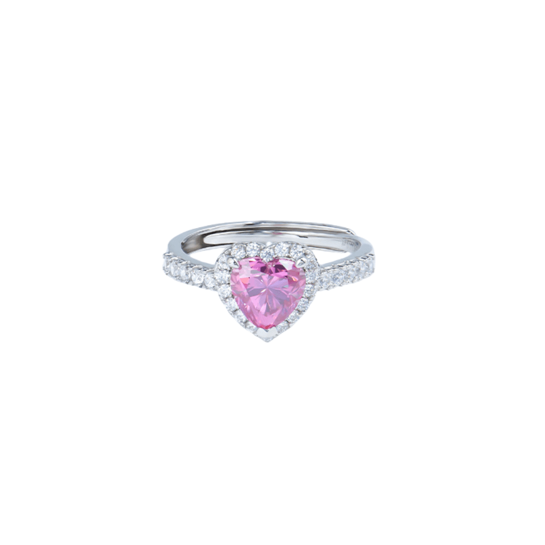 Front look , Pink Heart Adjustable Ring from the Sparkle Collection, featuring a heart-shaped pink Moissanite set in sterling silver with sparkling accents, displayed on a white background.