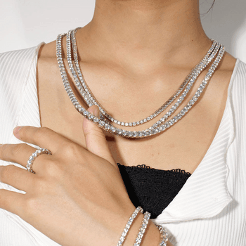 Model showcasing VVS Moissanite Tennis Necklace in Rhodium Plating