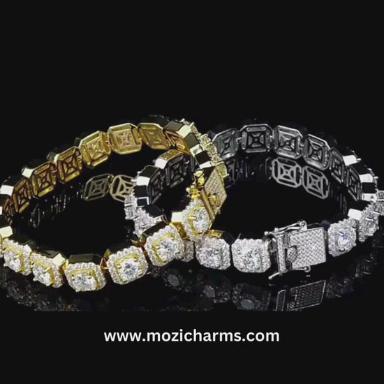 Video showcasing the VVS Moissanite Cluster Tennis Necklace, highlighting its intricate cluster design, sparkling VVS moissanite stones, and luxurious gold and silver settings. The video captures the necklace from various angles, demonstrating its brilliance and appeal to hip hop jewelry enthusiasts.